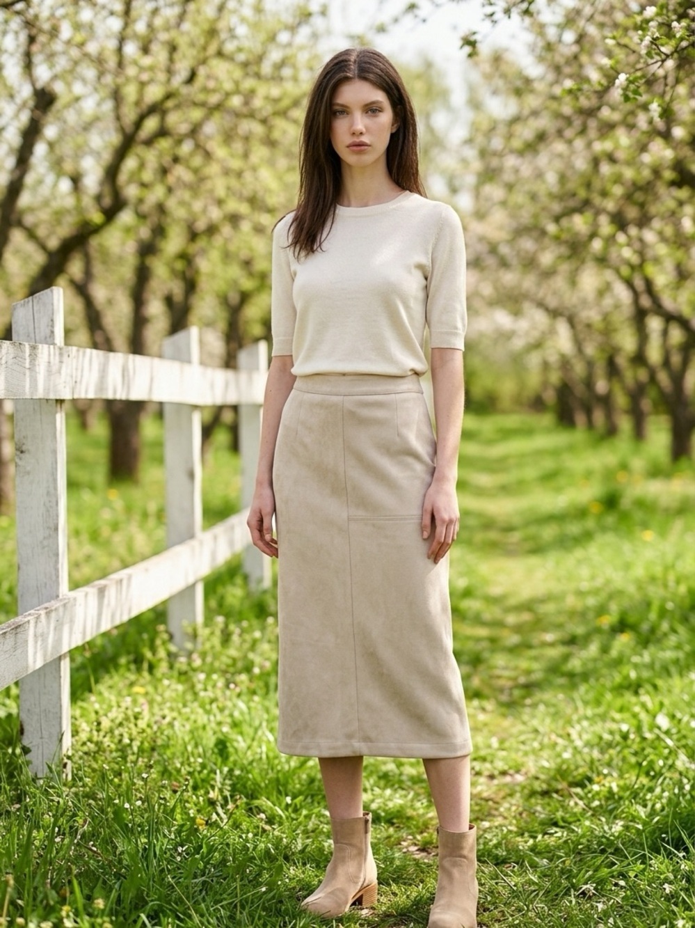 Sage Cream Midi Pencil Skirt